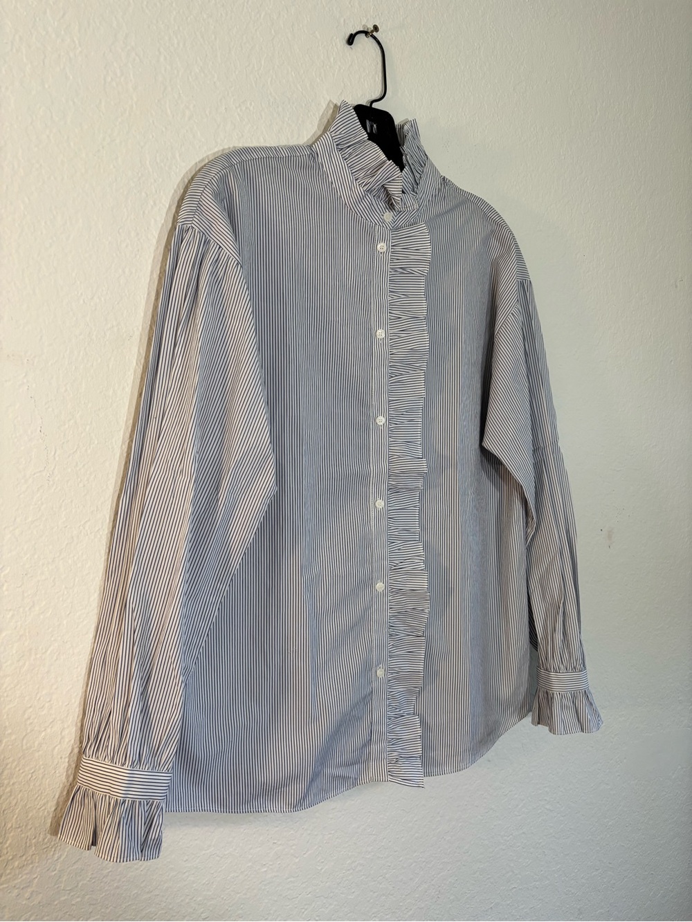 NWT Nordstrom Signature Blue Striped Ruffle Button-Down Blouse Long Sleeve Small - Picture 6 of 14